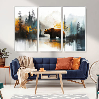 50308-MGV-FC-48X32-3P_White-Abstract Rustic Bear Wall Art – Forest and Mountain Scene Canvas Print, Nature Artwork for Modern Farmhouse or Log Cabin Decor