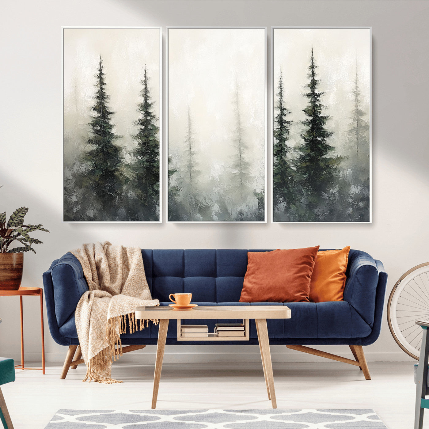 33241-MGV-FC-48X32-3P_White-Misty Forest Wall Art Canvas Print, Framed Foggy Pines Art Picture Print, Forest Haze Perfect Rustic Minimalist Decor Artwork