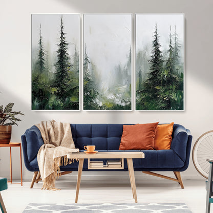 76014-MGV-CV-36X24-Forest Wall Art – Textured Canvas Print Featuring Misty Evergreen Pines and Woodland Landscape, Rustic Nature Artwork for Living