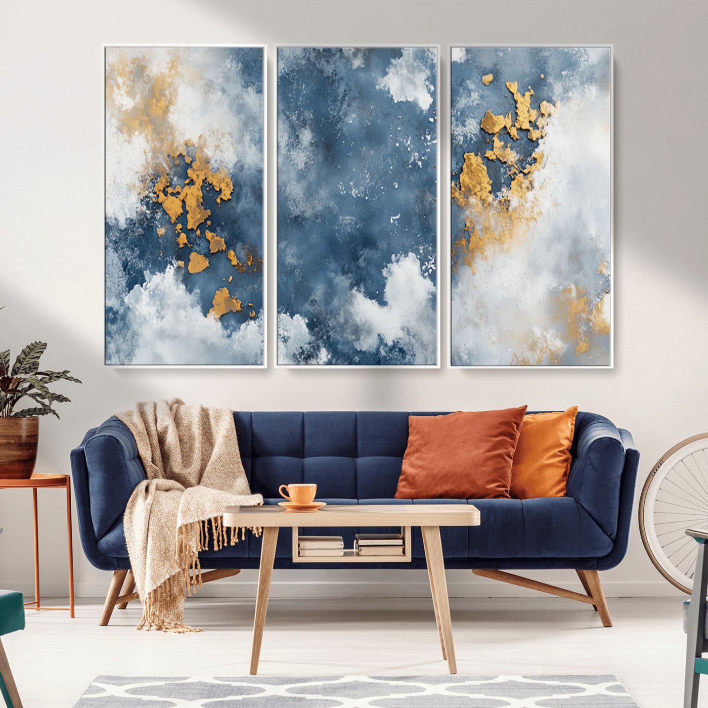 39575-MGV-CV-36X24-Blue and Gold Abstract Wall Art – Modern Canvas Print Featuring Cloudy Textures with Metallic Accents, Contemporary Artwork for