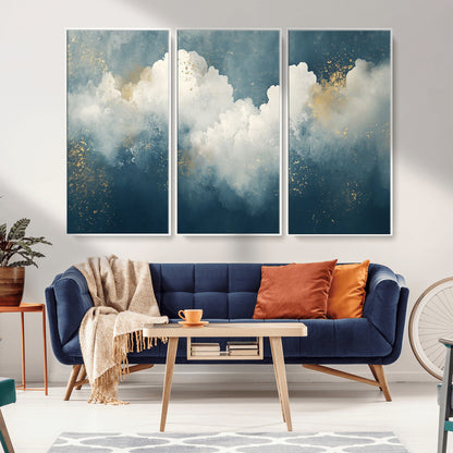 75131-MGV-CV-36X24-Abstract Cloud Wall Art – Modern Canvas Print Featuring Blue and White Clouds with Golden Accents, Contemporary Artwork for Living