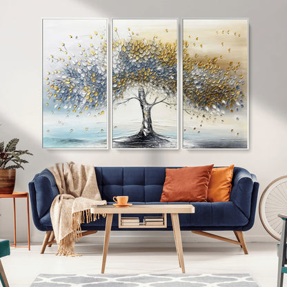 24771-MGV-CV-36X24-Silver Tree Wall Art Canvas Print, Framed Golden Leaves Art Picture Print, Metallic Tree Perfect Minimalist Luxury Decor Artwork