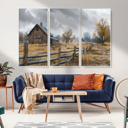 Farm1-MGV-FC-48X32-3P_White-Rustic Autumn Farmhouse Wall Art – Serene Countryside Scene Canvas Print, Weathered Barn and Autumn Trees Decor for Living Room,