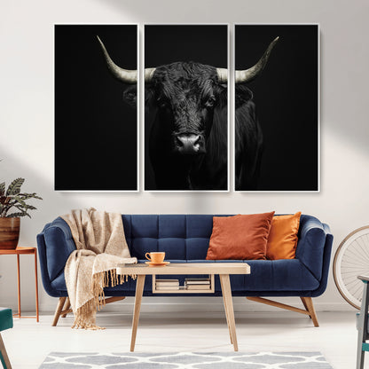 97914921-MGV-CV-36X24-Black Bull Wall Art Canvas Print, Framed Longhorn Bull Art Picture Print, Western Bull Perfect Monochrome Western Decor Artwork