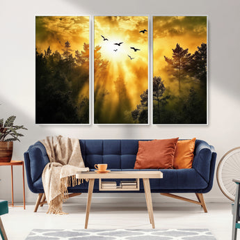 13776802-MGV-FC-48X32-3P_White-Golden Forest Wall Art Canvas Print, Framed Sunset Pines Art Picture Print, Flying Birds Perfect Nature Glow Decor Artwork