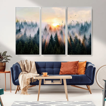 56391411-MGV-CV-36X24-Misty Forest Wall Art Canvas Print, Framed Sunrise Pines Art Picture Print, Moody Pines Perfect Serene Woodland Decor Artwork