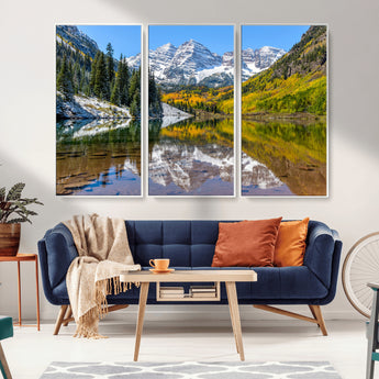 87724099-MGV-CV-36X24-Maroon Bells Wall Art Canvas Print, Framed Snowy Mountains Art Picture Print, Pine Forest Perfect Vibrant Alpine Decor Artwork