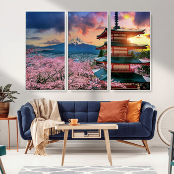 32331262-MGV-CV-36X24-Mount Fuji Japan Wall Art – Cherry Blossom Landscape Canvas Print, Chureito Pagoda Sunset Photography, Japanese Nature Travel