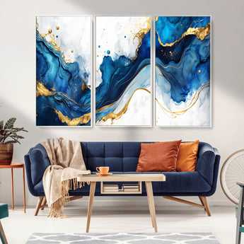 33506371-MGV-CV-36X24-Blue Marble Wall Art Canvas Print, Framed Gold Splash Art Picture Print, Abstract Wave Perfect Modern Luxe Decor Artwork