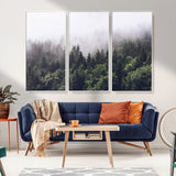 62890402-MGV-CV-36X24-Misty Forest Wall Art Canvas Print, Framed Foggy Pines Art Picture Print, Pine Valley Perfect Moody Woodland Decor Artwork