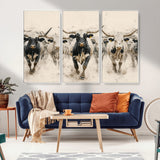 61538944-MGV-CV-36X24-Texas Longhorn Wall Art Canvas Print, Framed Cattles Walking Art Picture Print, Black White Bulls Perfect Rustic Western Decor