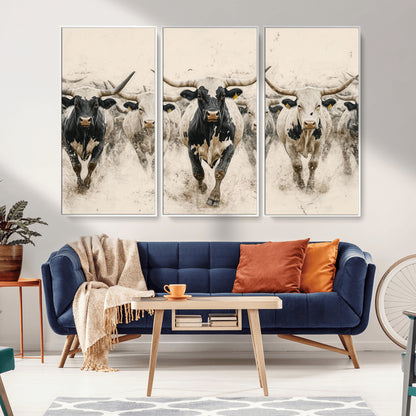 61538944-MGV-CV-36X24-Texas Longhorn Wall Art Canvas Print, Framed Cattles Walking Art Picture Print, Black White Bulls Perfect Rustic Western Decor