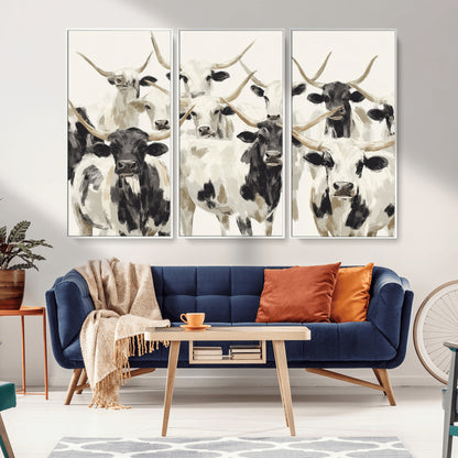 52947970-MGV-FC-48X32-3P_White-Texas Longhorn Wall Art Canvas Print, Framed Cattle Herd Art Picture Print, Herd Portrait Perfect Modern Farmhouse Decor Artwork