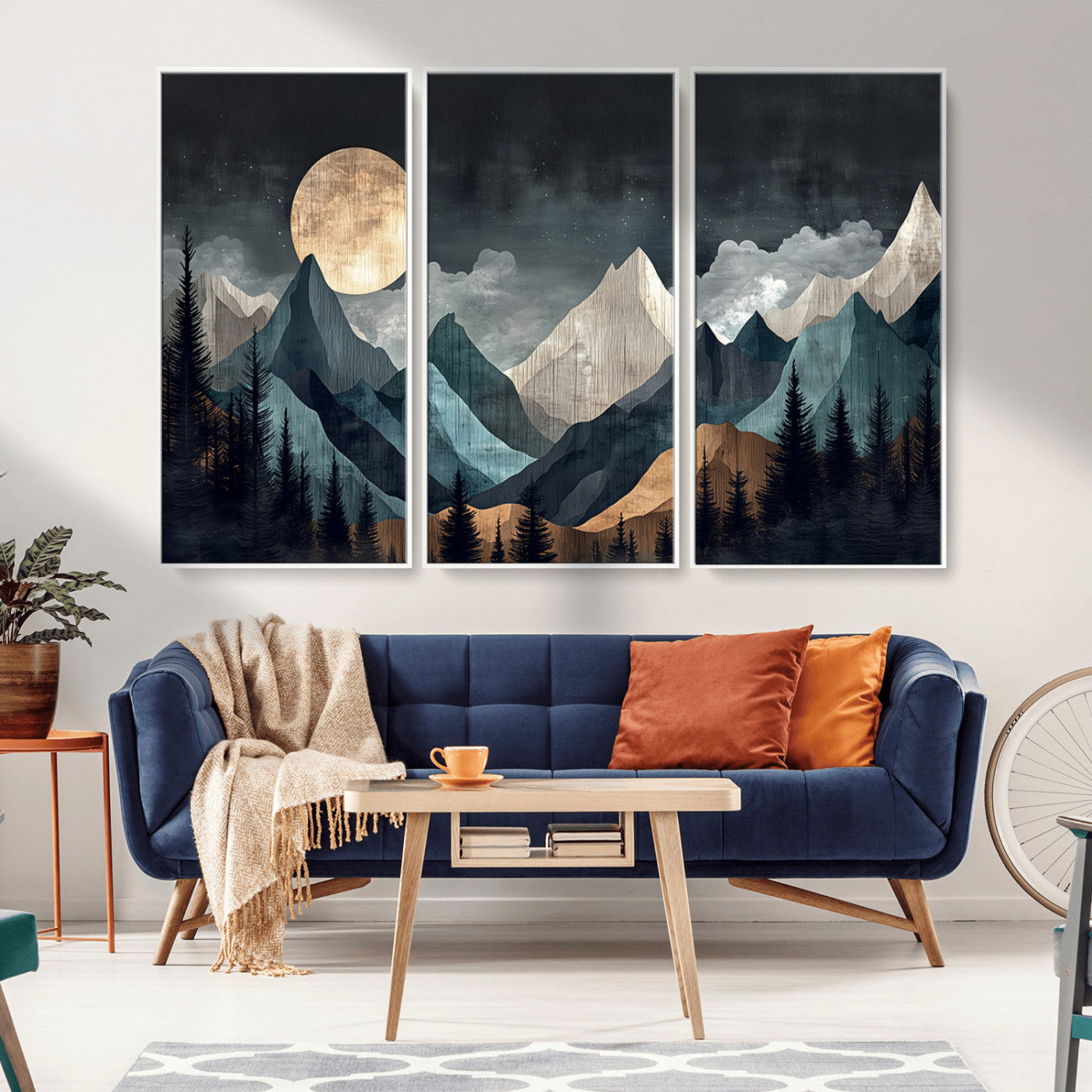 11060882-MGV-CV-36X24-Moonlit Mountains Wall Art Canvas Print, Framed Forest Silhouette Art Picture Print, Night Landscape Perfect Modern Forest Decor
