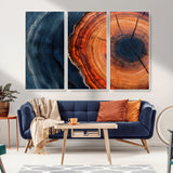 57732250-MGV-CV-36X24-Tree Ring Abstract Wall Art – Blue Orange Wood Grain Canvas Print, Modern Rustic Nature Artwork for Living Room, Office,