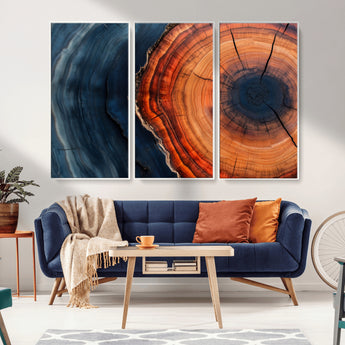 57732250-MGV-CV-36X24-Tree Ring Abstract Wall Art – Blue Orange Wood Grain Canvas Print, Modern Rustic Nature Artwork for Living Room, Office,