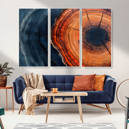 57732250-MGV-CV-36X24-Tree Ring Abstract Wall Art – Blue Orange Wood Grain Canvas Print, Modern Rustic Nature Artwork for Living Room, Office,