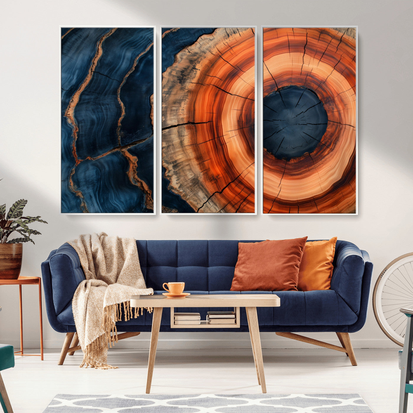 41123192-MGV-CV-36X24-Tree Ring Canvas Wall Art – Abstract Blue Orange Wood Grain Print, Rustic Modern Nature Artwork for Living Room, Bedroom, Office