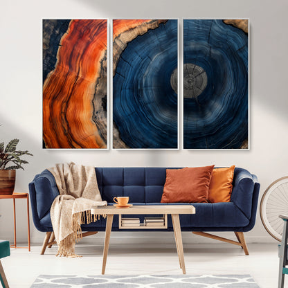 99491700-MGV-CV-36X24-Tree Ring Canvas Wall Art – Blue Orange Abstract Wood Grain Print, Rustic Modern Nature Artwork for Living Room, Office, Bedroom