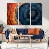 26110607-MGV-CV-36X24-Blue and Orange Tree Ring Wall Art – Abstract Wood Cross Section Canvas Print, Modern Rustic Nature Decor for Living Room, Office,