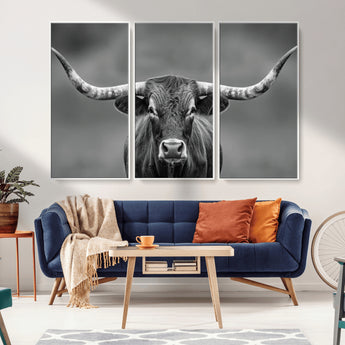 81228550-MGV-CV-36X24-Framed Texas Longhorn Bull Art Canvas Print, Western Bull Wall Art Print, Long Horn Bull Photo Print for Log Cabin, Large Bull