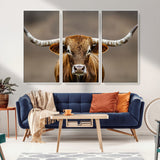 12179171-MGV-FC-48X32-3P_White-Texas Longhorn Wall Art Canvas Print, Framed Brown Bull Art Picture Print, Lone Cattle Perfect Rustic Western Decor Artwork