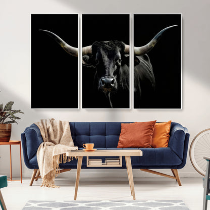 37531960-MGV-CV-36X24-Black Longhorn Bull Wall Art – Dramatic Western Cattle Canvas Print, Rustic Farmhouse Animal Artwork for Living Room, Bedroom,