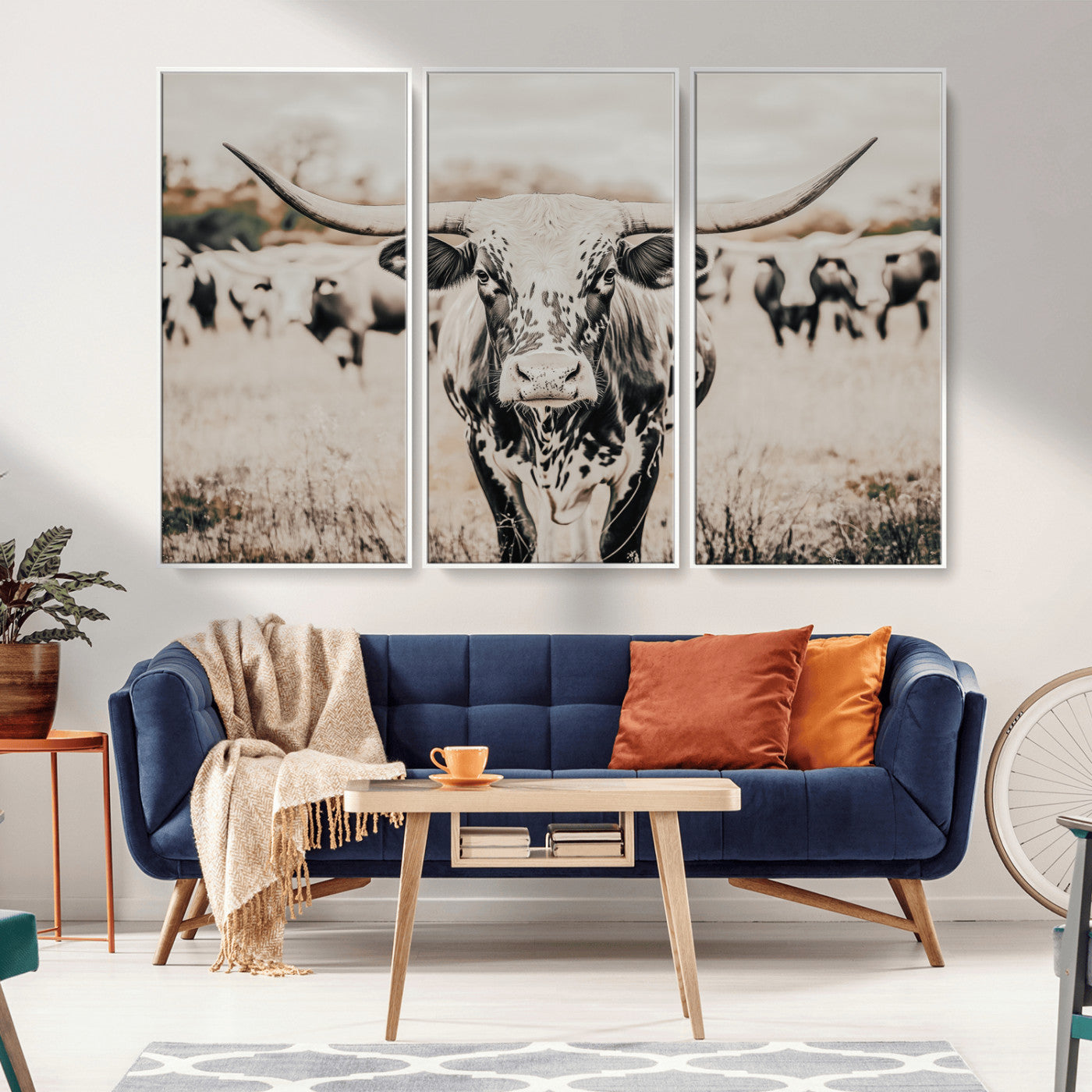 27497342-MGV-CV-36X24-Texas Longhorn Wall Art Canvas Print, Framed Speckled Cow Art Picture Print, Horned Cattle Perfect Rustic Western Decor Artwork