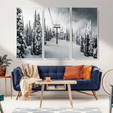 31156828-MGV-FC-48X32-3P_White-Snowy Pines Wall Art Canvas Print, Framed Ski Lift Art Picture Print, Winter Forest Perfect Moody Lodge Decor Artwork