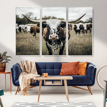 79025945-MGV-CV-36X24-Texas Longhorn Wall Art Canvas Print, Framed Speckled Cow Art Picture Print, Horned Cattle Perfect Rustic Western Decor Artwork