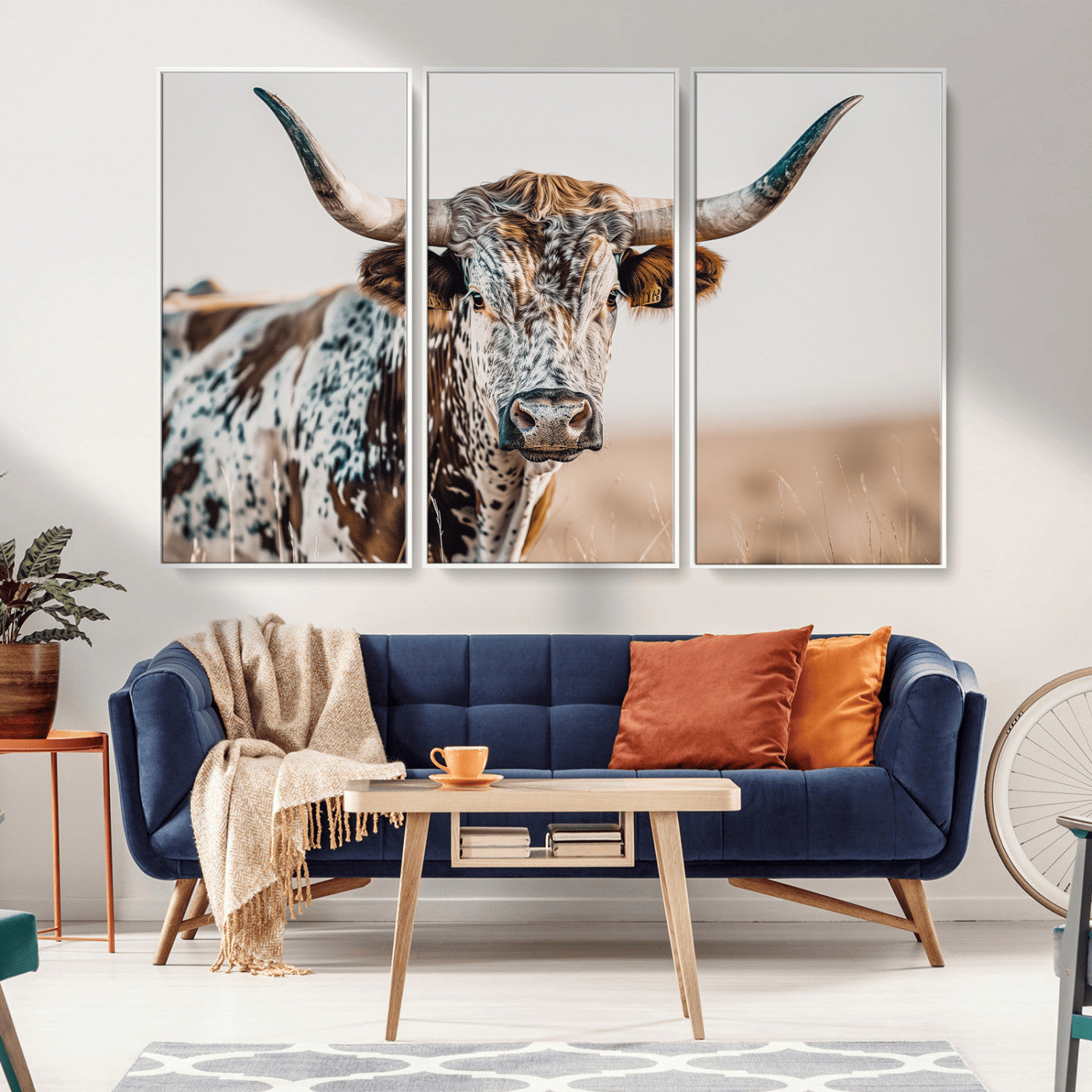 70414966-MGV-CV-36X24-Texas Longhorn Wall Art Canvas Print, Framed Speckled Cow Art Picture Print, Horned Bull Perfect Rustic Western Decor Artwork