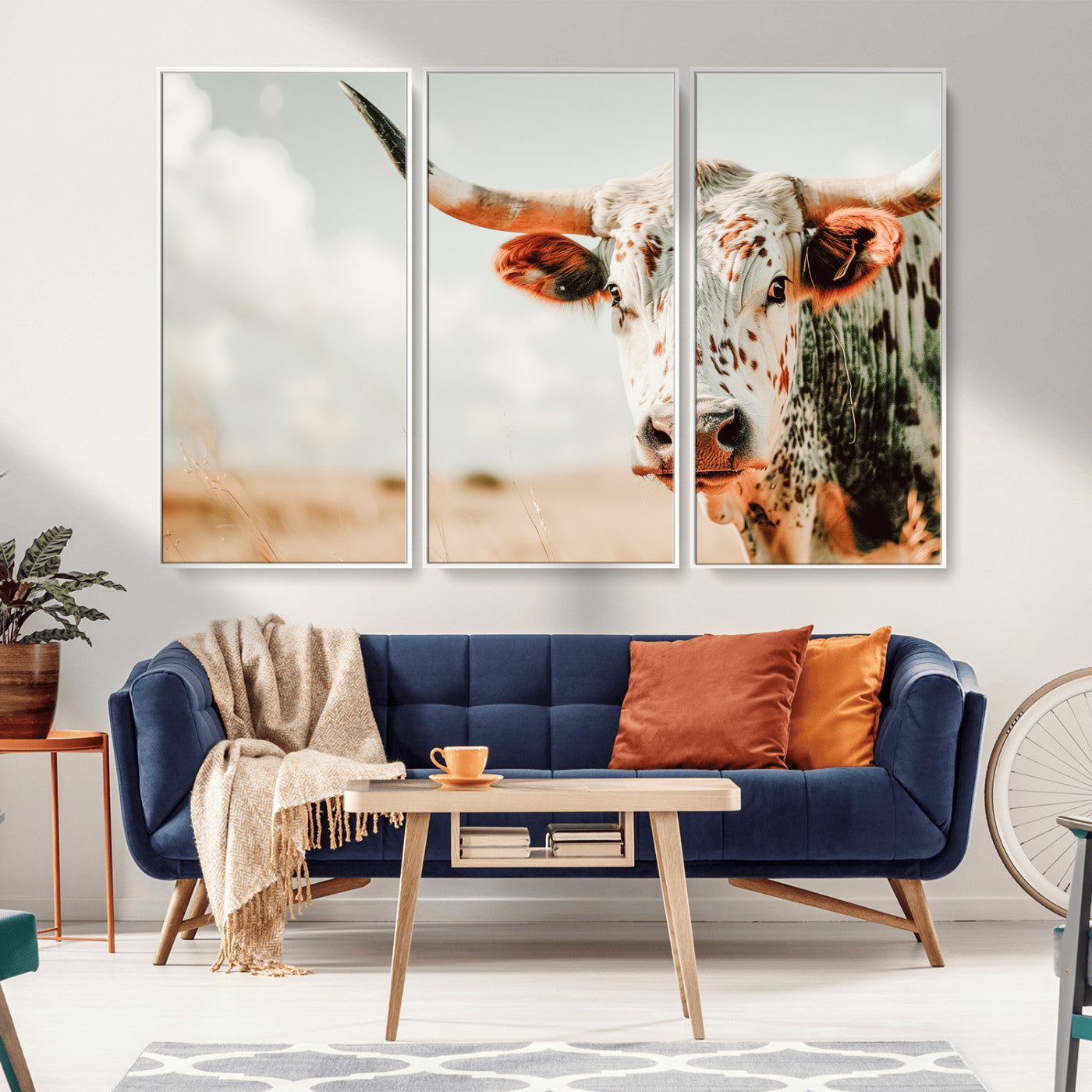 72766375-MGV-CV-36X24-Texas Longhorn Wall Art Canvas Print, Framed Spotted Cow Art Picture Print, Horned Cattle Perfect Rustic Western Decor Artwork