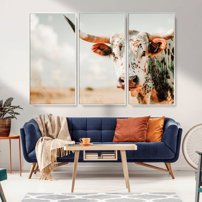 72766375-MGV-CV-36X24-Texas Longhorn Wall Art Canvas Print, Framed Spotted Cow Art Picture Print, Horned Cattle Perfect Rustic Western Decor Artwork