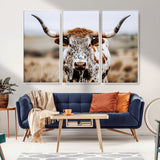 76294381-MGV-CV-36X24-Texas Longhorn Wall Art Canvas Print, Framed Spotted Cow Art Picture Print, Horned Cattle Perfect Rustic Western Decor Artwork