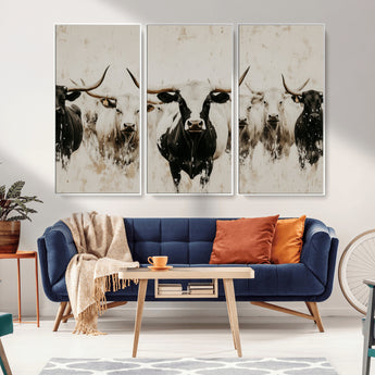 12027562-MGV-FC-48X32-3P_White-Longhorn Cattle Wall Art Canvas Print, Framed Bison Herd Art Picture Print, Cattle Group Perfect Rustic Farmhouse Decor Artwork