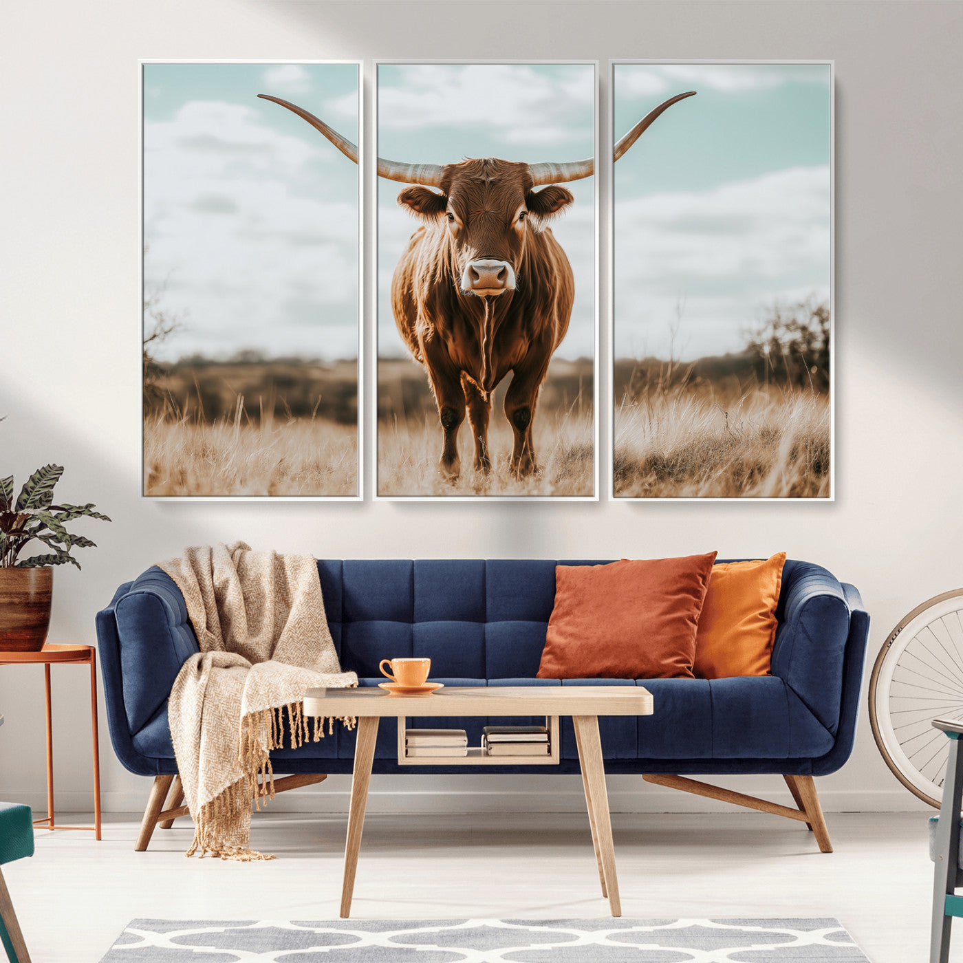 39350715-MGV-CV-36X24-Texas Longhorn Wall Art Canvas Print, Framed Longhorn Cow Art Picture Print, Western Cattle Perfect Rustic Western Decor Artwork