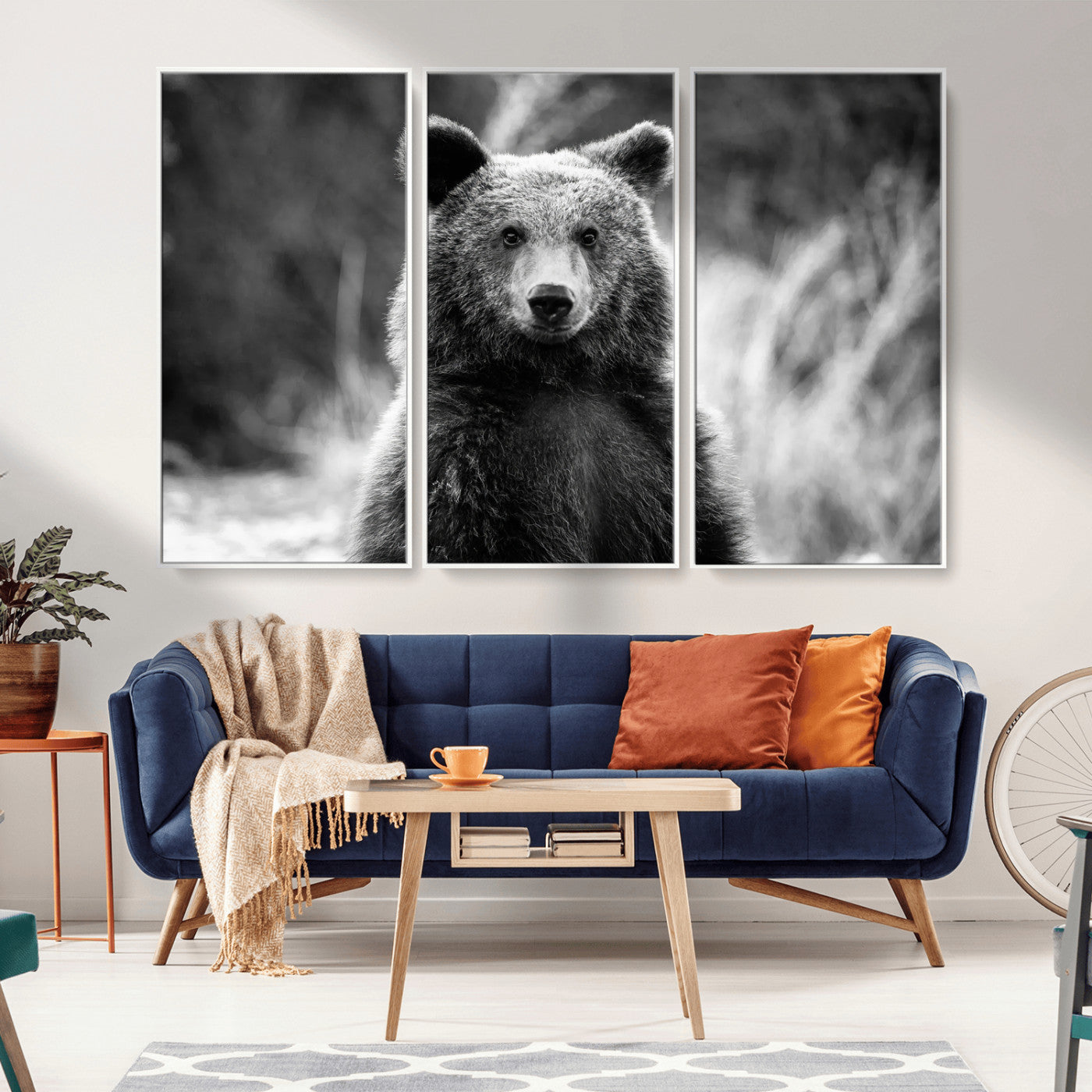 MGV-FC-48X32-3P - Grizzly Bear Wall Art Canvas Print, Framed Black White Bear Art Picture Print, Wild Bear Perfect Rustic Wildlife Decor Artwork