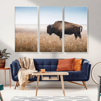 91267849-MGV-CV-36X24-Wild Bison Wall Art Canvas Print, Framed Bison in Prairie Art Picture Print, Rustic Western Perfect Rustic Western Decor Artwork