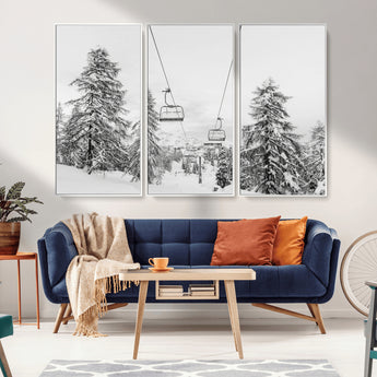 55003599-MGV-CV-36X24-Snowy Ski Lift Wall Art Canvas Print, Framed Winter Forest Art Picture Print, Ski lift Ride Perfect Winter Lodge Decor Artwork