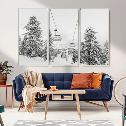 55003599-MGV-CV-36X24-Snowy Ski Lift Wall Art Canvas Print, Framed Winter Forest Art Picture Print, Ski lift Ride Perfect Winter Lodge Decor Artwork