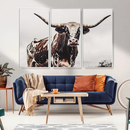 95249234-MGV-CV-36X24-Texas Longhorn Wall Art Canvas Print, Framed Spotted Bull Art Picture Print, Horned Cattle Perfect Rustic Farmhouse Decor Artwork