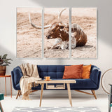 91248682-MGV-CV-36X24-Texas Longhorn Wall Art Canvas Print, Framed Resting Bull Art Picture Print, Spotted Cattle Perfect Rustic Western Decor Artwork