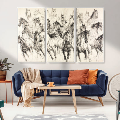 19433417-MGV-CV-36X24-Running Horses Wall Art Canvas Print, Framed Horse Sketch Art Picture Print, Galloping Herd Perfect Monochrome Western Decor