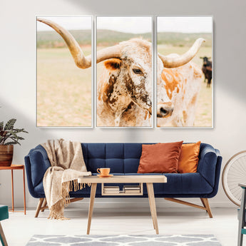 21060648-MGV-FC-48X32-3P_White-Texas Longhorn Wall Art Canvas Print, Framed Speckled Cow Art Picture Print, Rustic Bull Perfect Rustic Western Decor Artwork