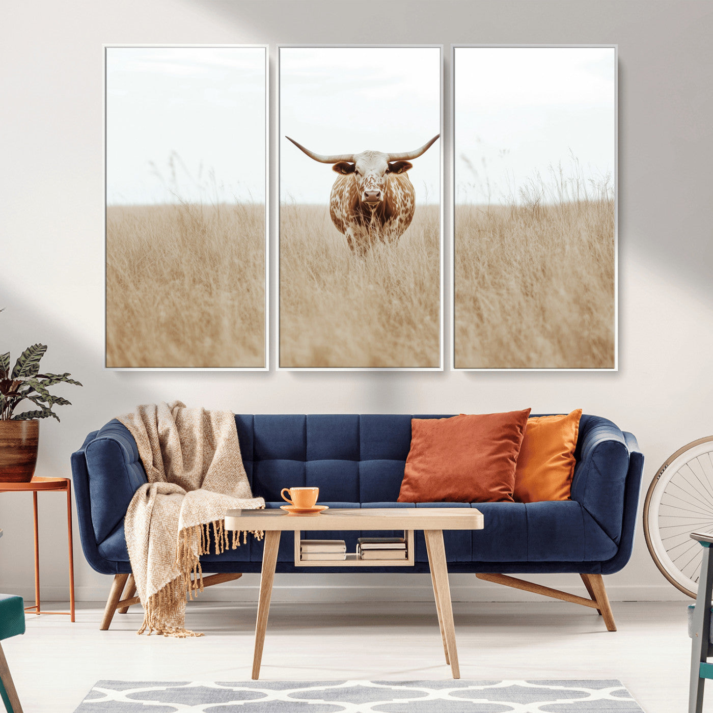 20927060-MGV-FC-48X32-3P_White-Texas Longhorn Wall Art Canvas Print, Framed Lone Cattle Art Picture Print, Longhorn Bull Perfect Rustic Western Decor Artwork