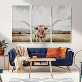 80054319-MGV-FC-48X32-3P_White-Texas Longhorn Wall Art Canvas Print, Framed Western Cow Art Picture Print, Rustic Farmhouse Perfect Farmhouse Decor Artwork