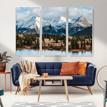 36247746-MGV-CV-36X24-Snowy Peaks Wall Art Canvas Print, Framed Alpine Lake Art Picture Print, Pine Forest Perfect Alpine Wilderness Decor Artwork