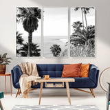 89458520-MGV-FC-48X32-3P_White-Palm Trees Wall Art Canvas Print, Framed Coastal View Art Picture Print, Ocean Horizon Perfect Monochrome Coast Decor Artwork