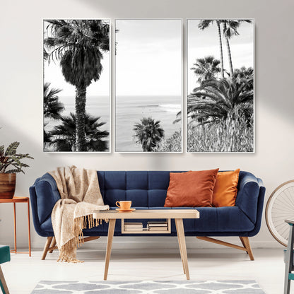 89458520-MGV-CV-36X24-Palm Trees Wall Art Canvas Print, Framed Coastal View Art Picture Print, Ocean Horizon Perfect Monochrome Coast Decor Artwork