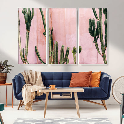 93119502-MGV-FC-48X32-3P_White-Tall Cactus Wall Art Canvas Print, Framed Pink Wall Art Picture Print, Cactus Lines Perfect Modern Desert Decor Artwork